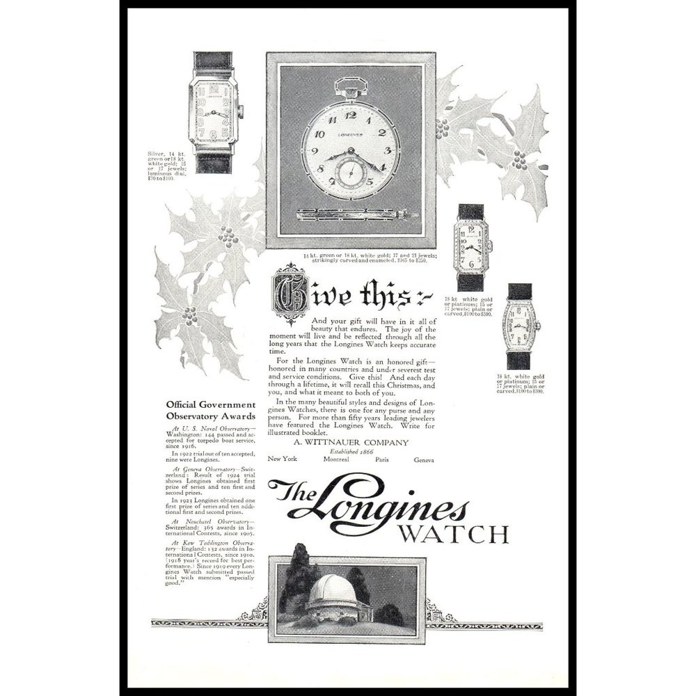 1924 The Longines Watch Vintage Print Ad Christmas Gift Holly Leaves Wall Art
